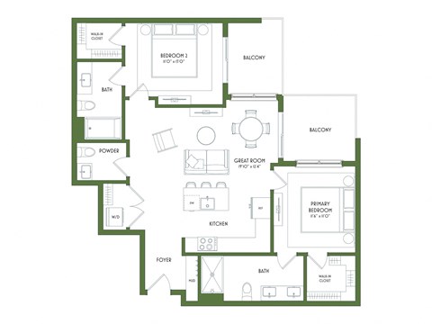 A floor plan of a house with a primary bedroom, a secondary bedroom, a bathroom, a powder room, a kitchen, a foyer, and two balconies.